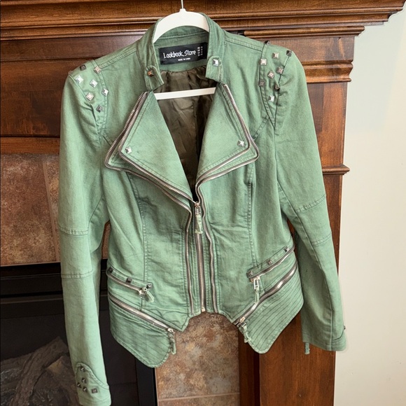 Army green military moto jacket grunge punk moto steampunk studs zippers est M/L - Picture 1 of 11